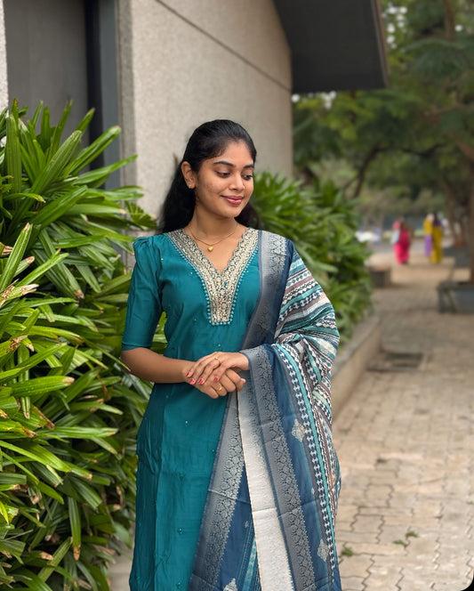 NY 526 Elegant Dola silk set with dola silk duppatta with elbow puff sleeves