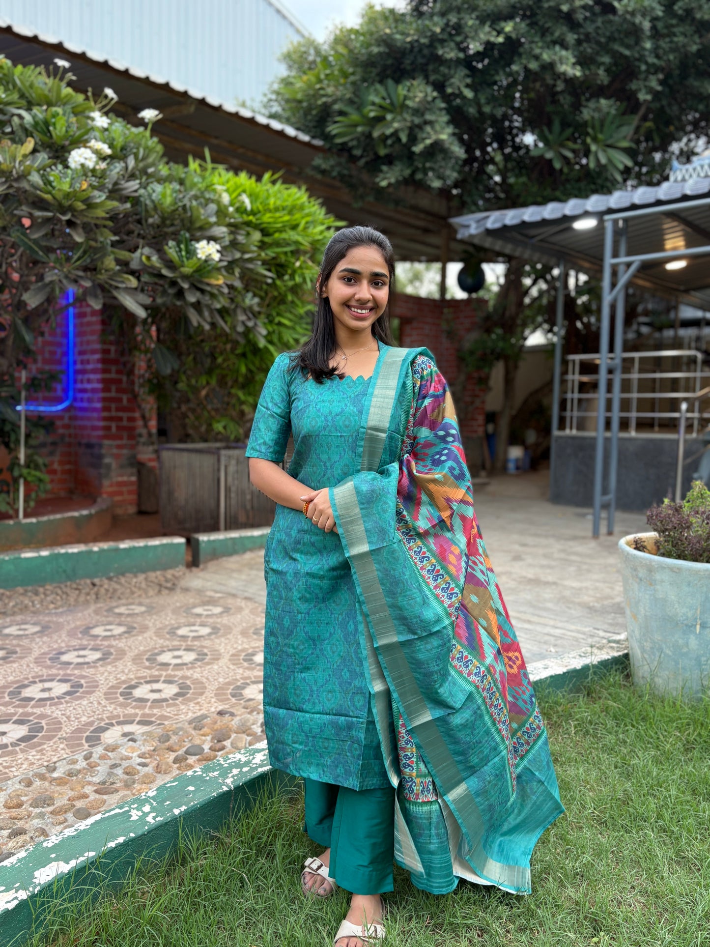NY 473 Elegant Tussar silk Kurti with scallop neck detailings with elbow puff sleeves and pochampally duppatta