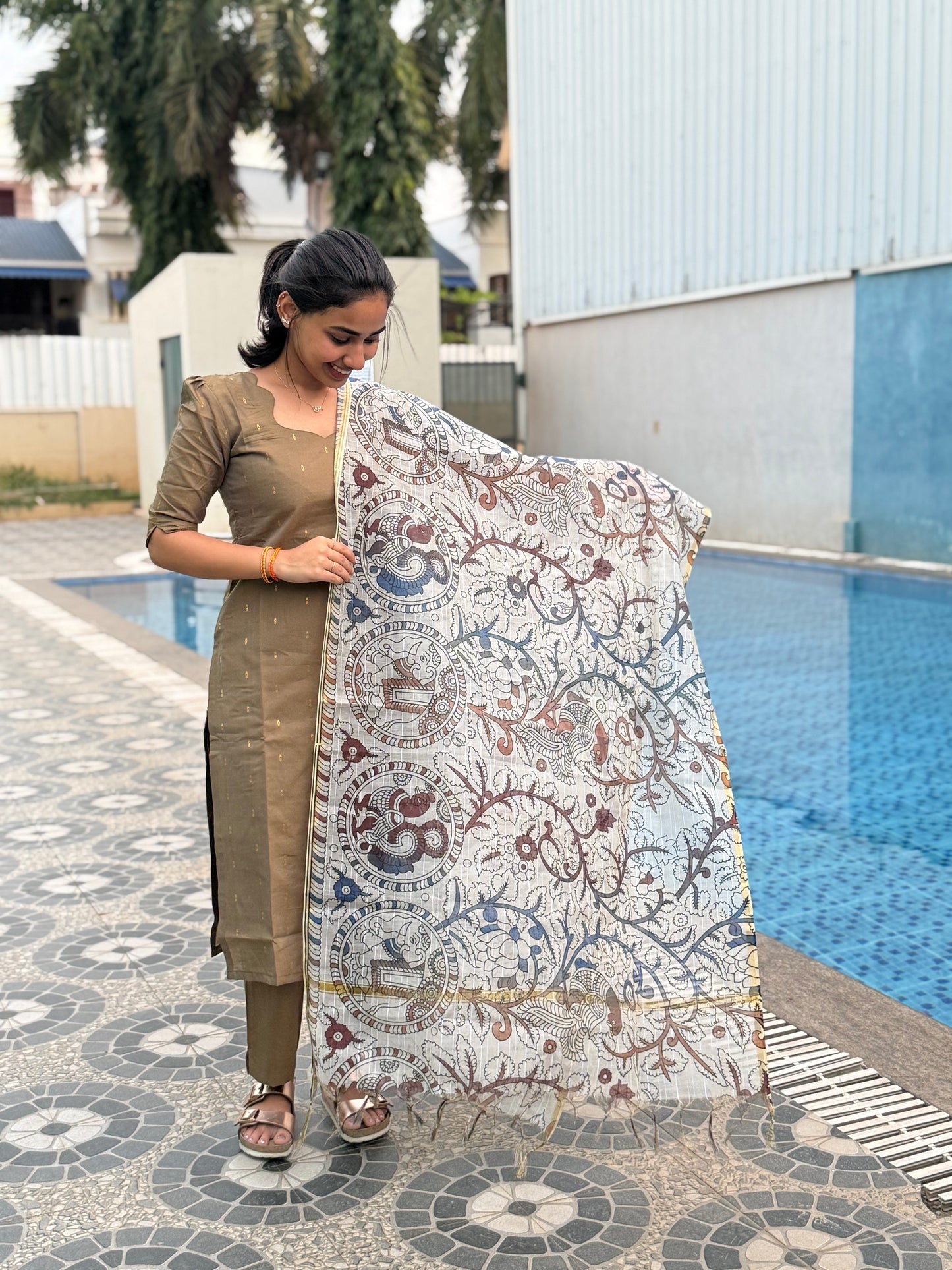 Elegant RawSilk kurti set with kalamkari duppatta and elbow sleeves