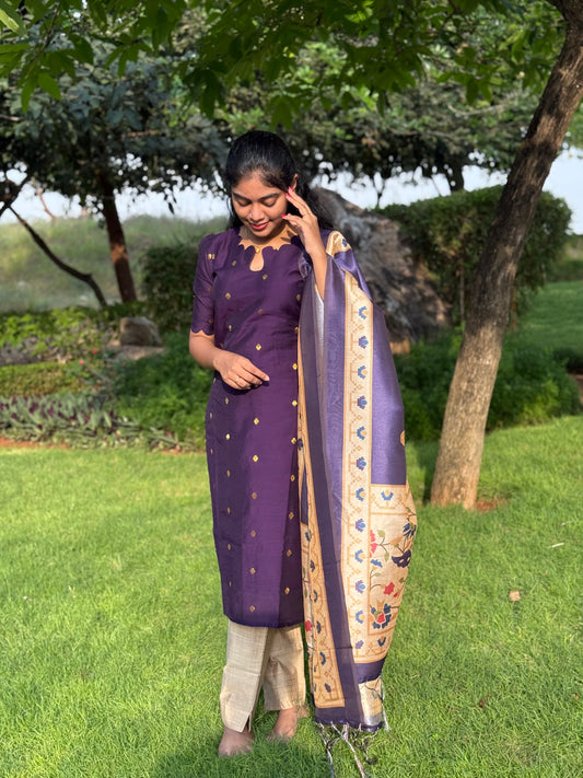 NY 520 Elegant Rawsilk with silk duppatta with elbow sleeves and scallop detailings