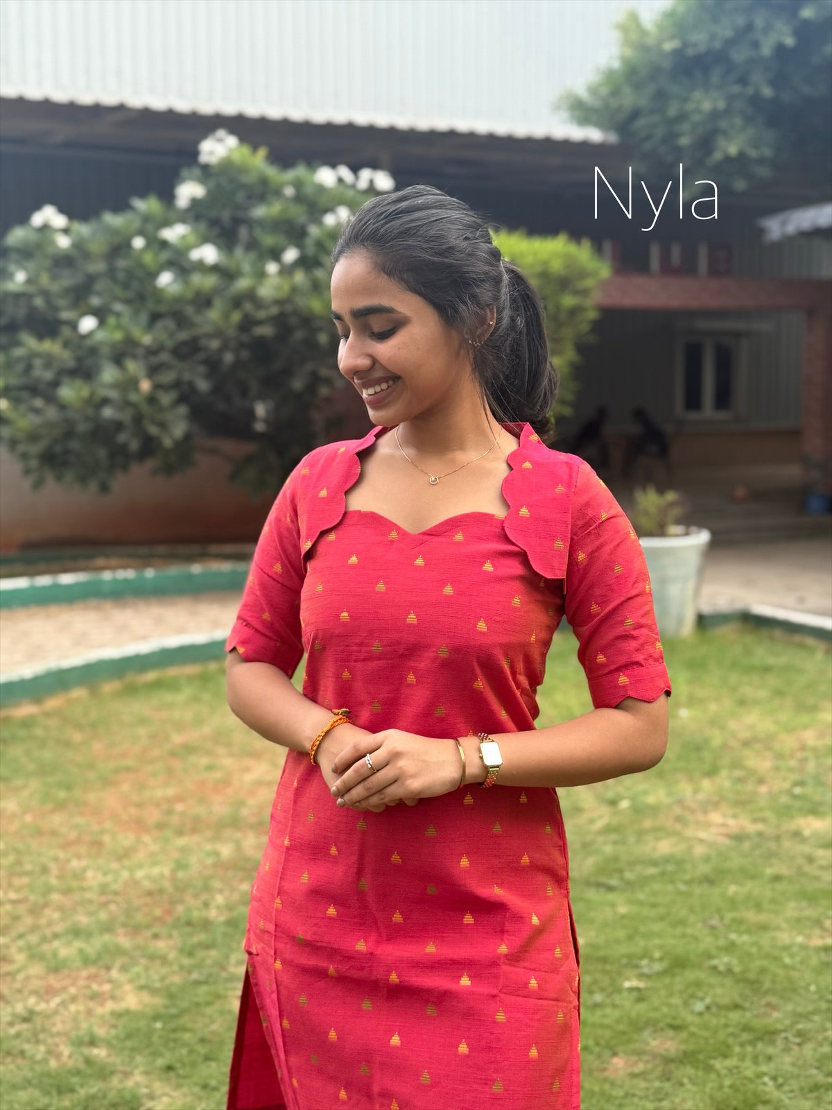 NY 455 Elegant Dupion silk Kurti with scallop detailings on neck ,sleeves with elbow sleeves