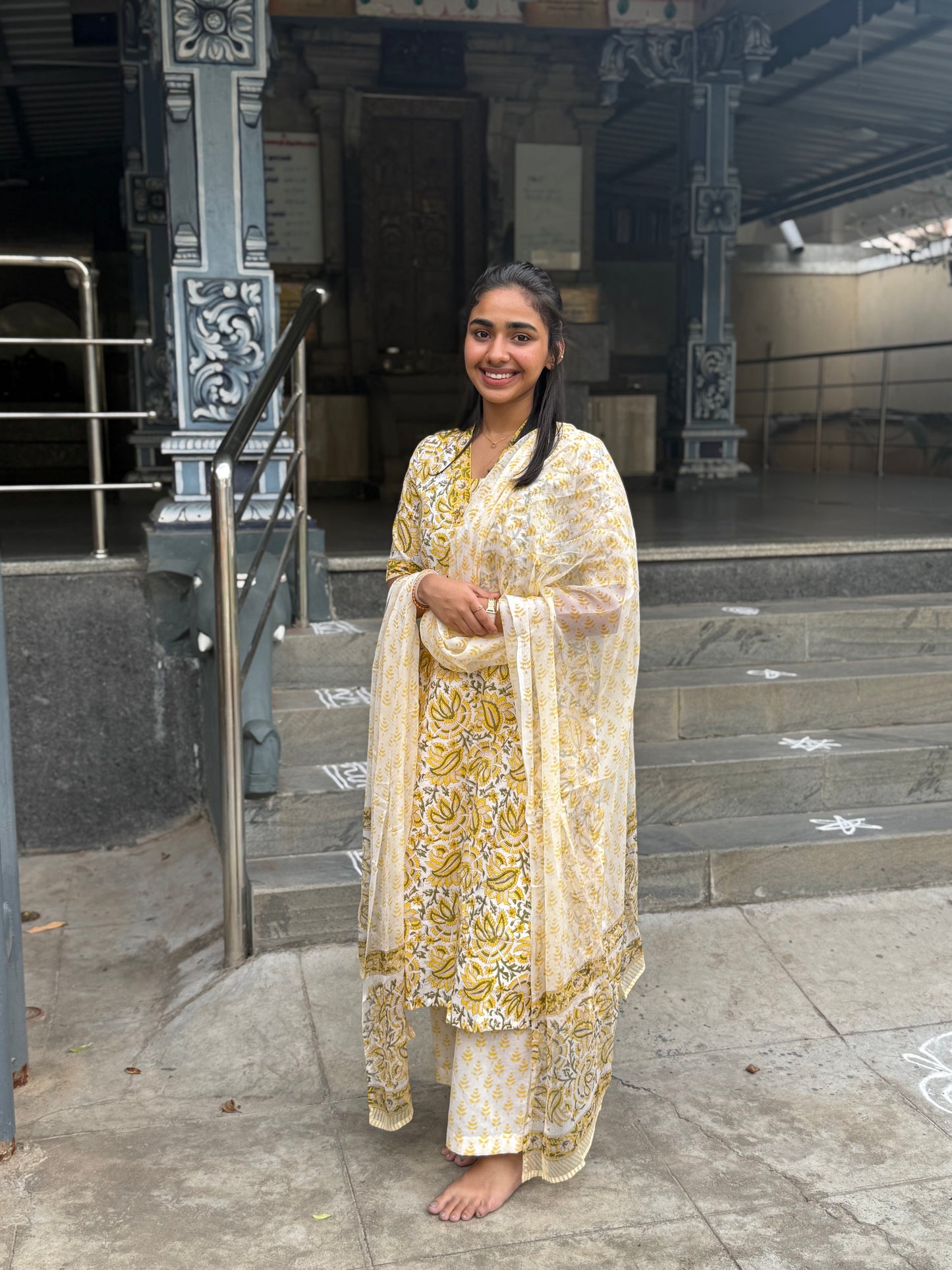 NY 469 Elegant Handblock cotton A-line Kurti with chiffon duppatta
