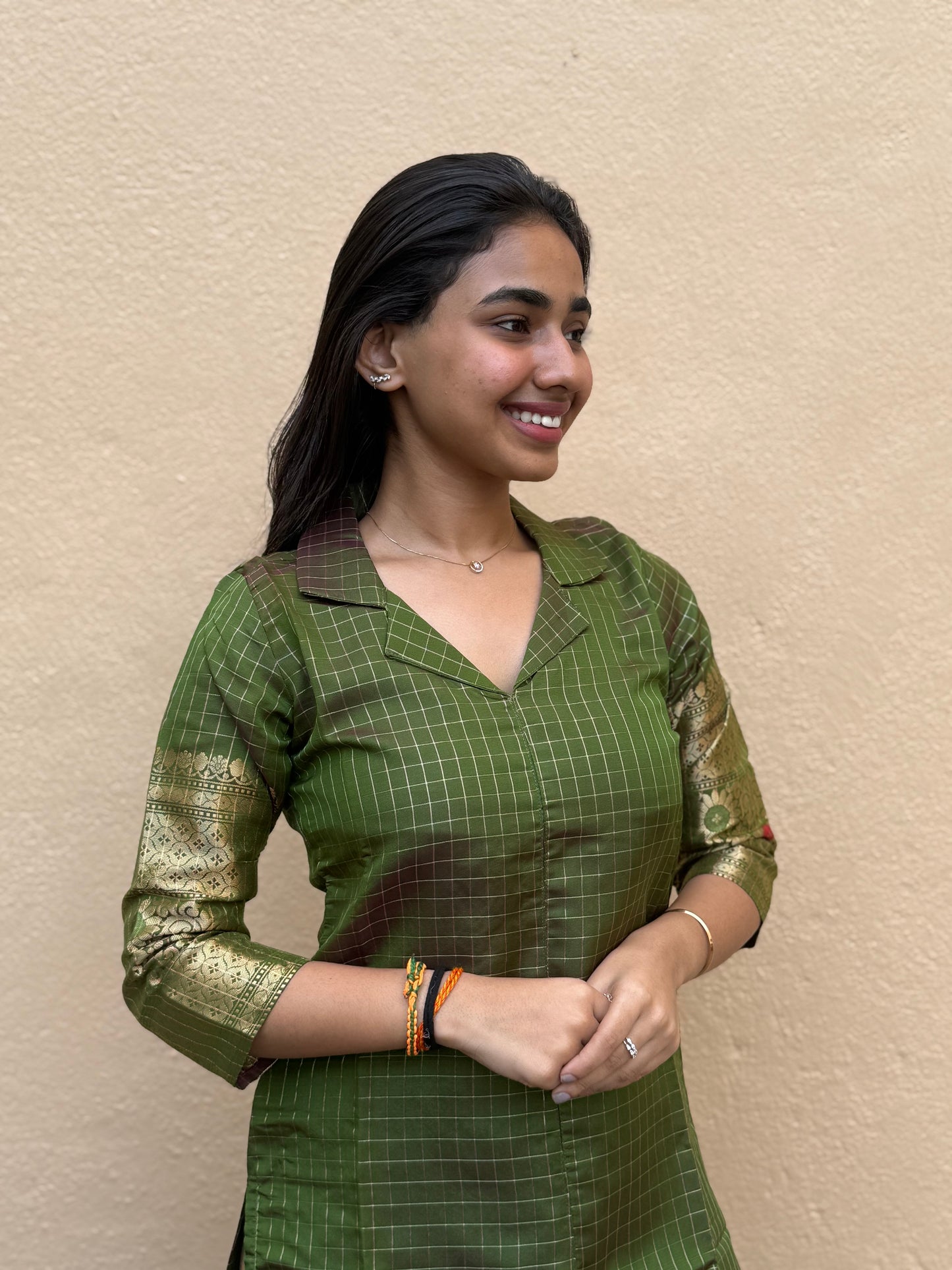 NY 497 Elegant Banarasi checks Kurti with zari border and 3/4th sleeves
