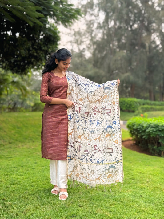 NY 517 Elegant Rawsilk zari kurti with kalamkari duppatta with 3/4th sleeves