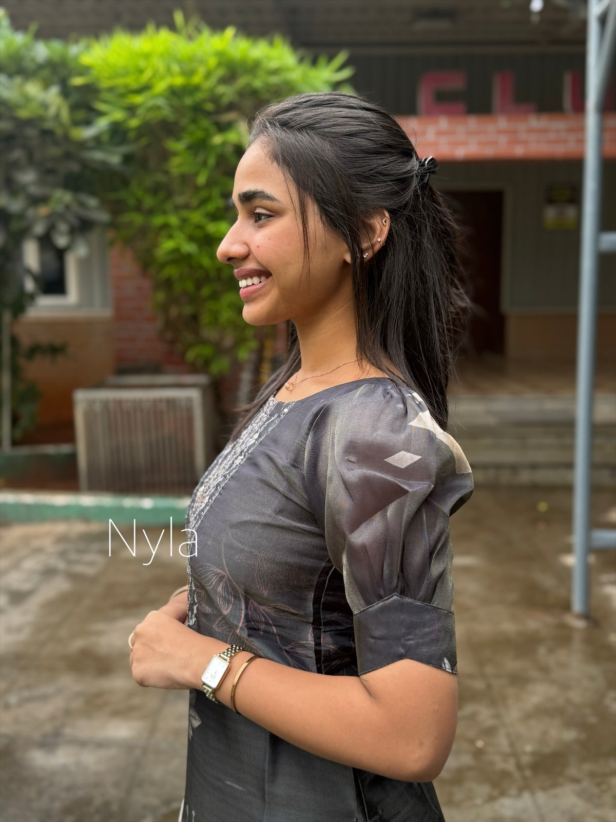 NY 458 Elegant Pure Silk Tissue Kurti with digital print and elbow puff sleeves