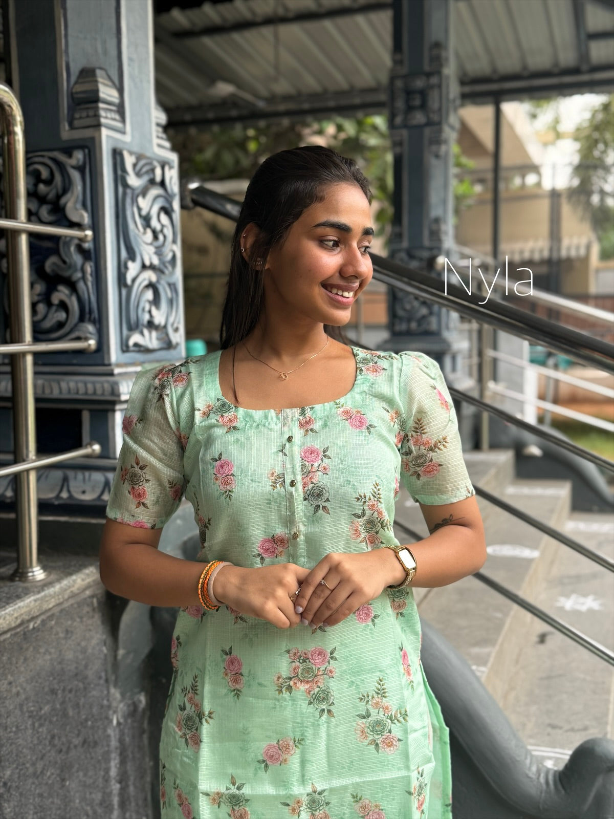 NY 459 Elegant Kota Cotton with digital print and elbow puff sleeves with Kota Doria duppatta