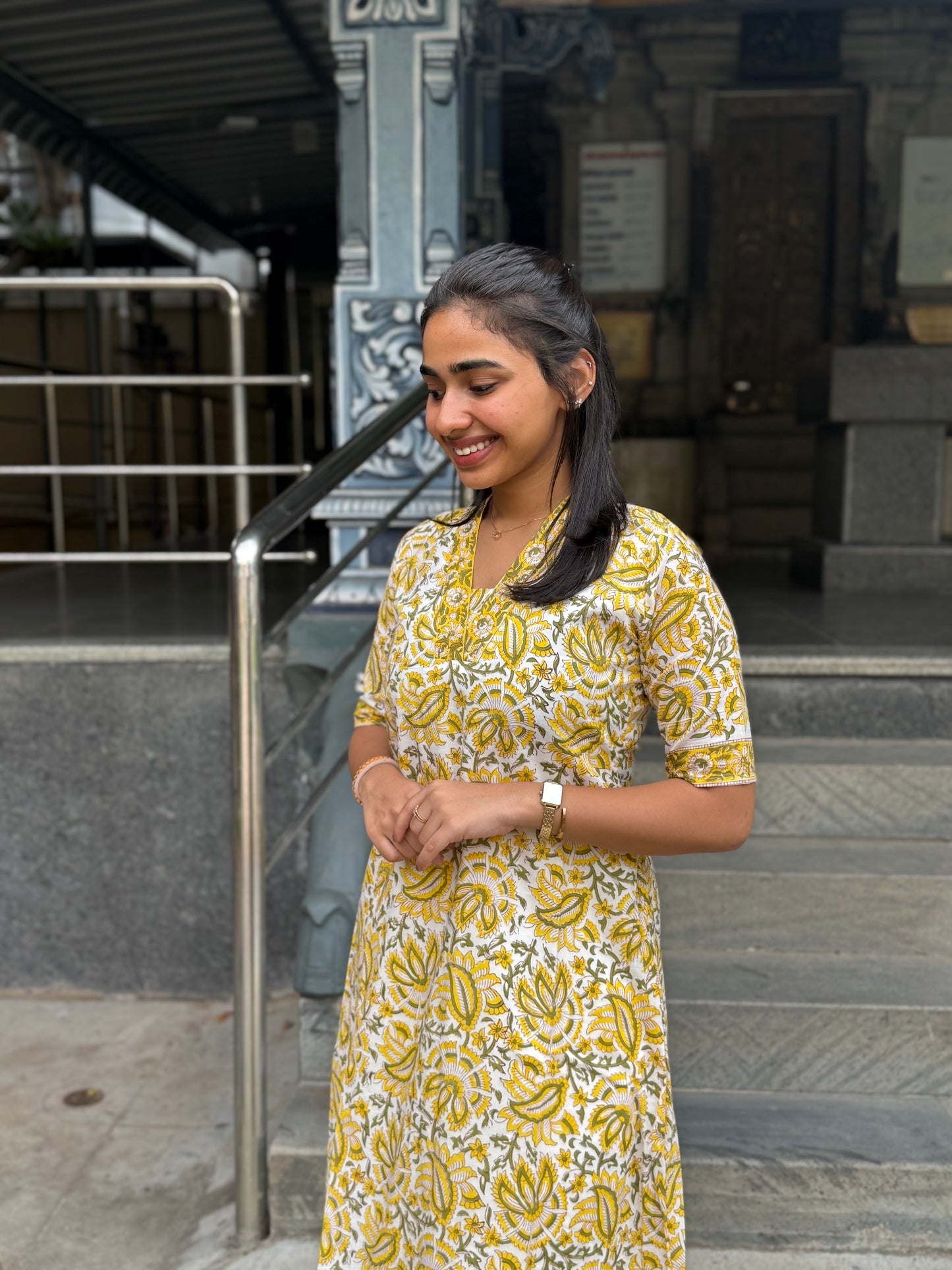 NY 469 Elegant Handblock cotton A-line Kurti with chiffon duppatta
