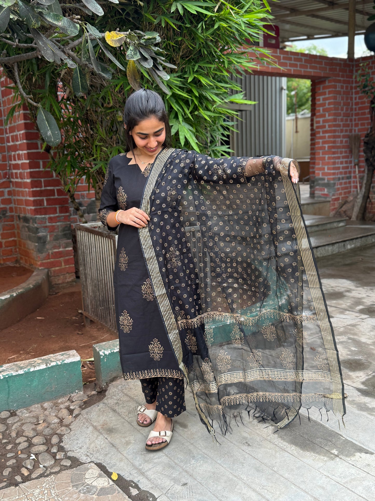 NY 470 Elegant Handblock Cotton Kurti with Organza duppatta