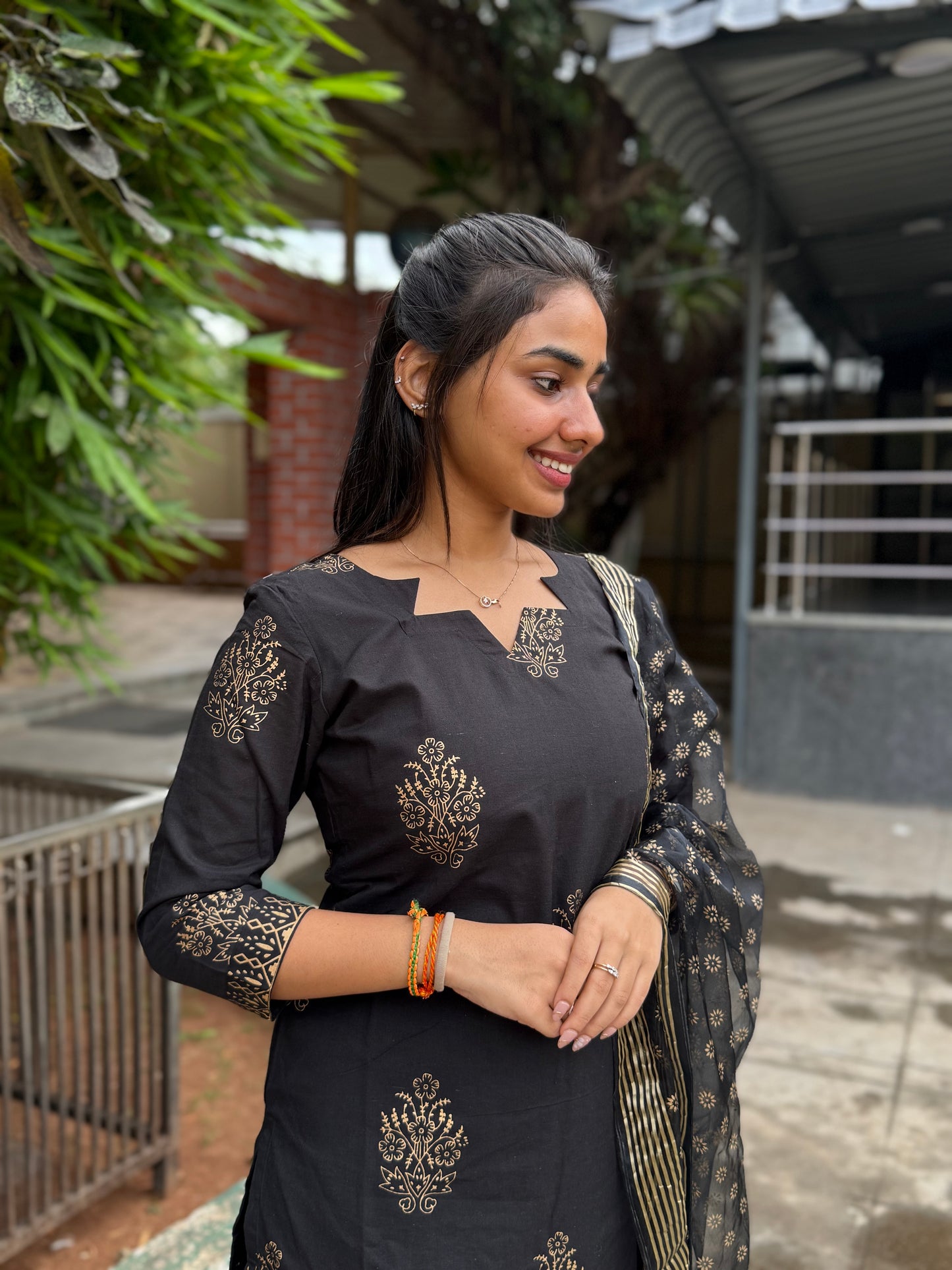NY 470 Elegant Handblock Cotton Kurti with Organza duppatta