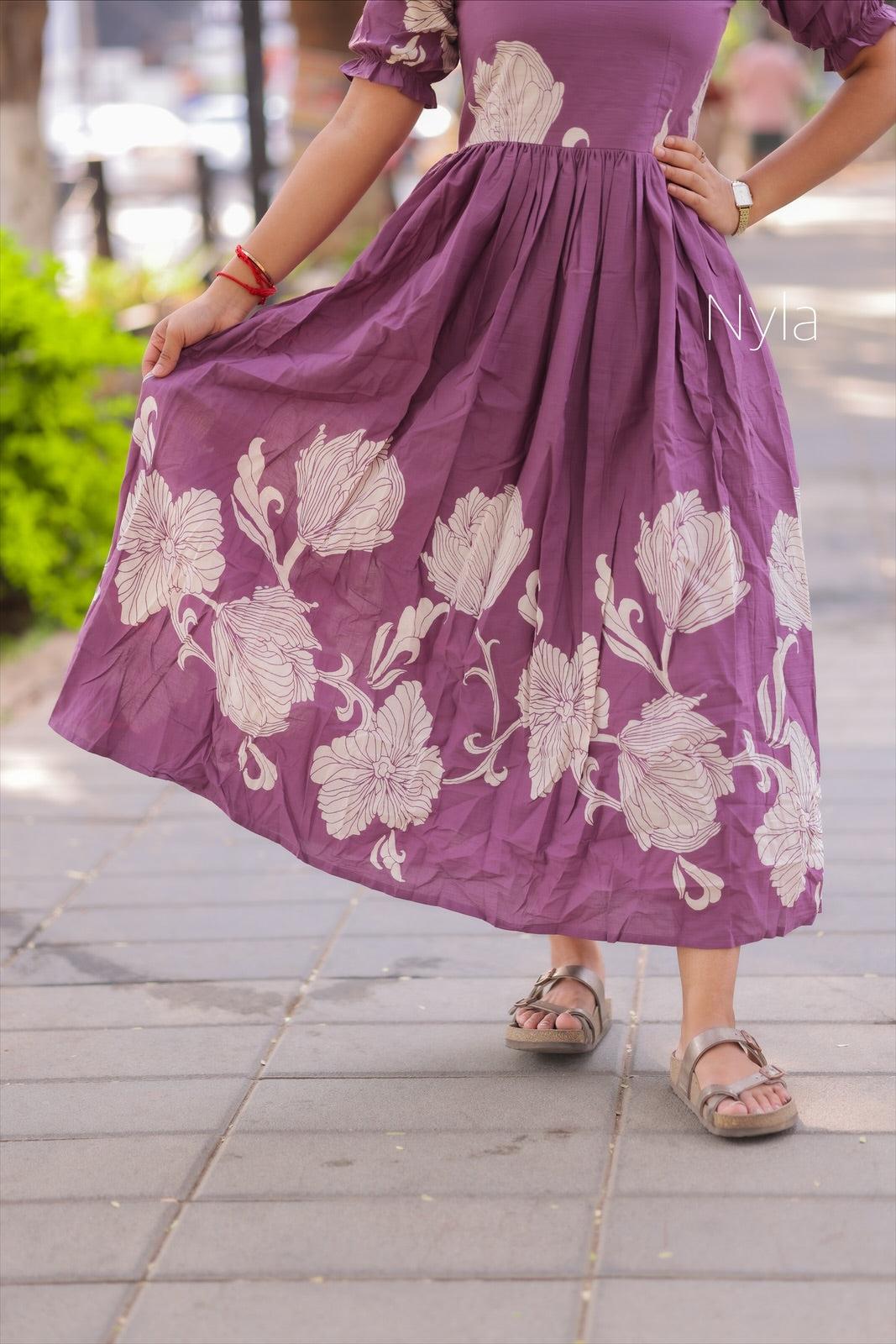 NY 409 Elegant Pure cotton maxi with elastic on shoulder and elastic puff sleeves