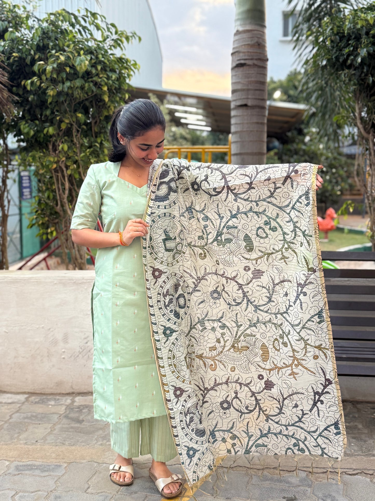 NY 481 Elegant RawSilk kurti set with kalamkari duppatta and kantha pant