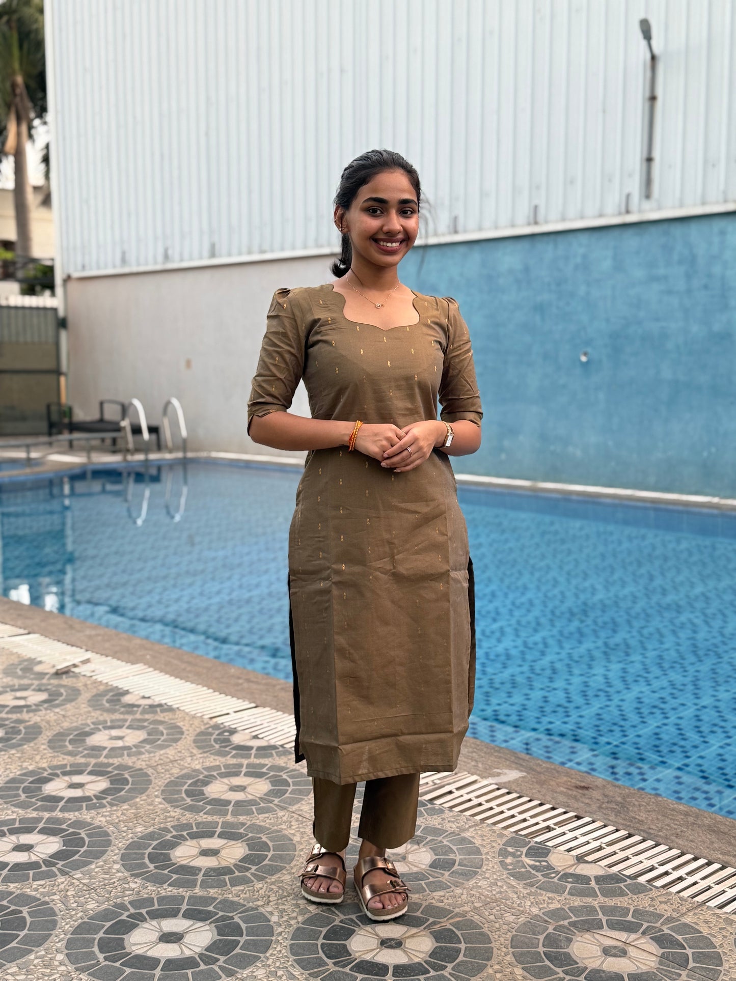 Elegant RawSilk kurti set with kalamkari duppatta and elbow sleeves