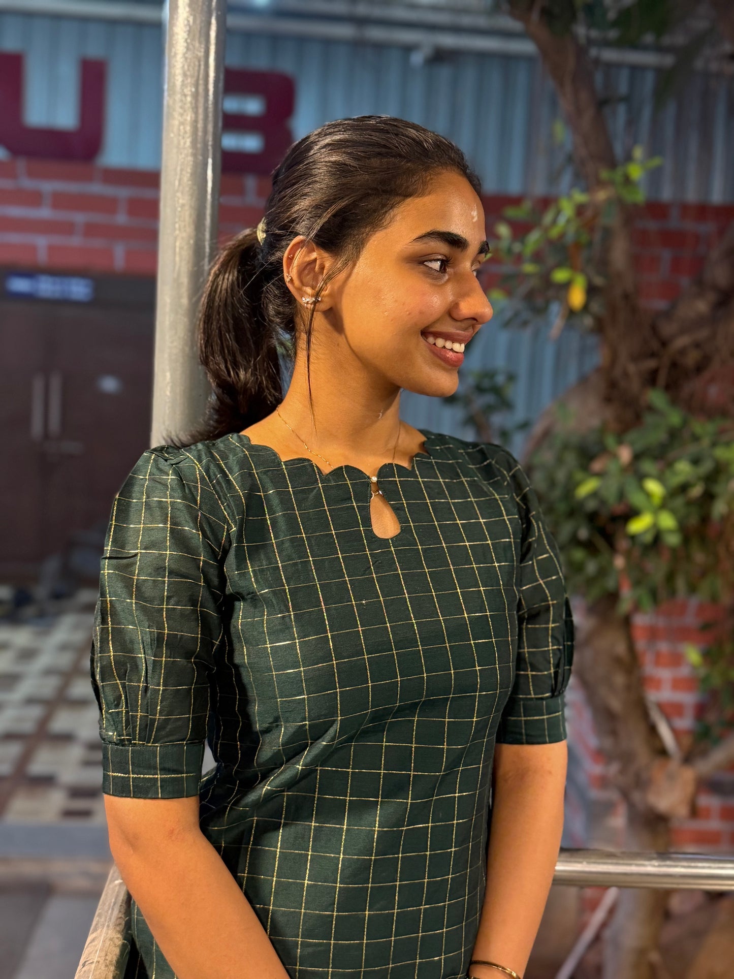 NY 492 Elegant Rawsilk Kurti with golden checks, scallop neck with elbow puff sleeves