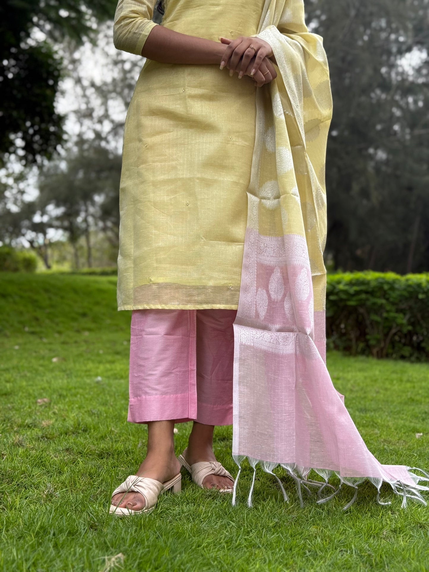 Ny 515 Elegant Tissue silk top with linen look and 3/4th sleeves with beautiful hand embroidery on yoke