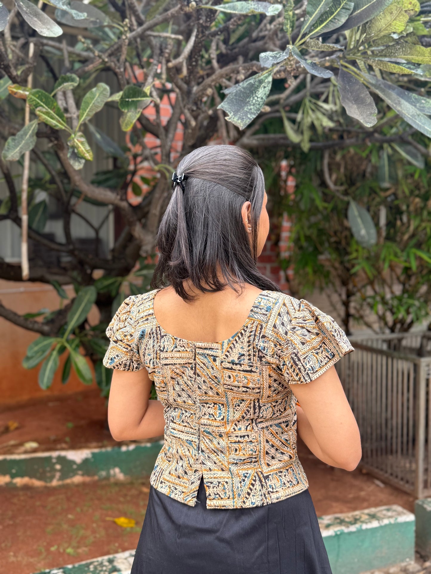 NY 467 Elegant Kalamkari cap sleeves crop top