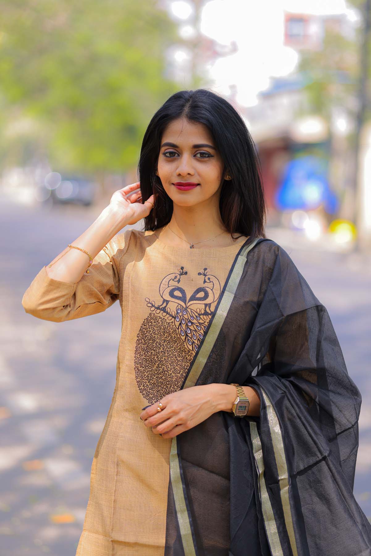 Elegant Rawsilk kurti with embroidery on yoke and cotton pant with kota duppatta and 3/4th sleeves