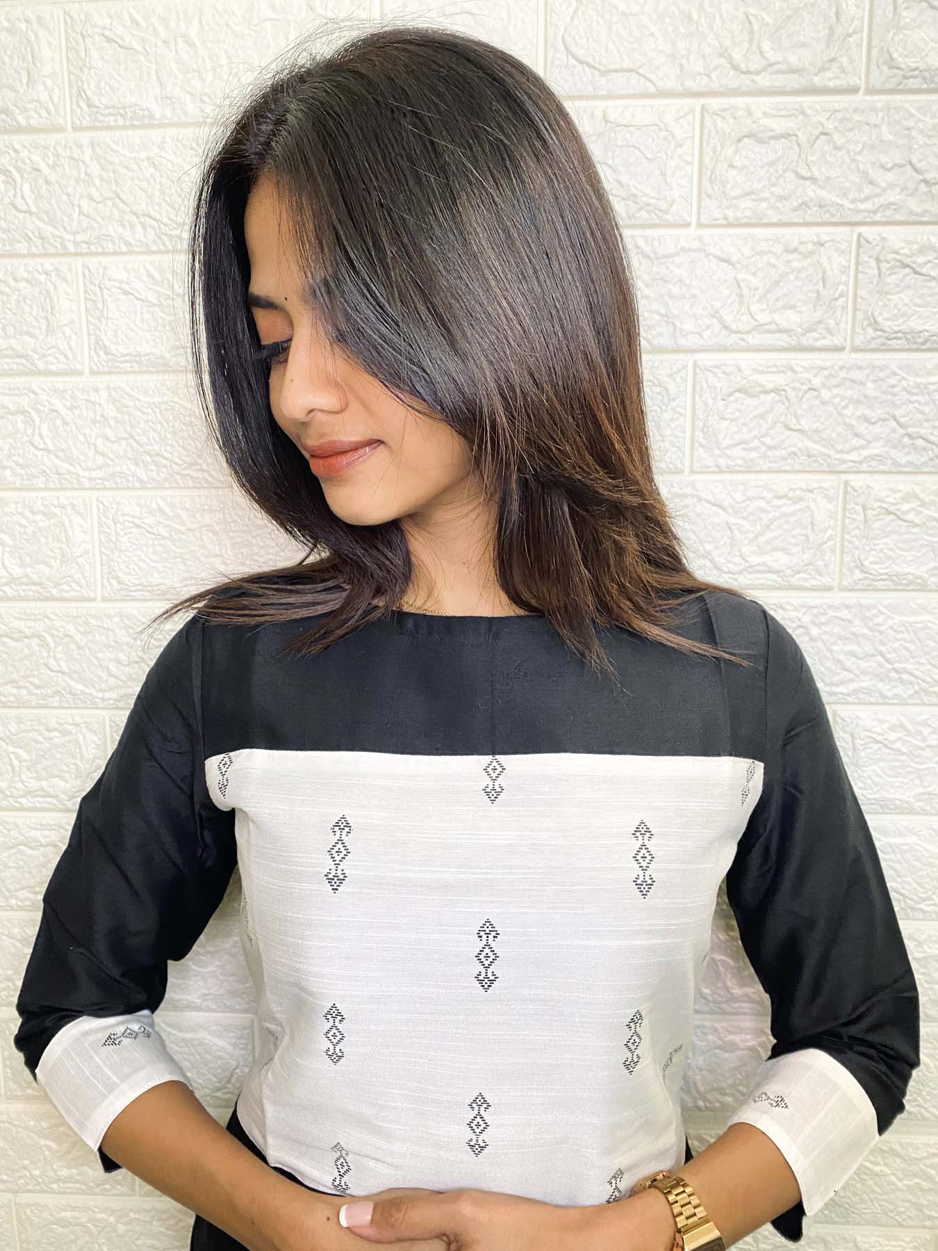 Elegant Dupion with silk cotton patch and 3/4th sleeves