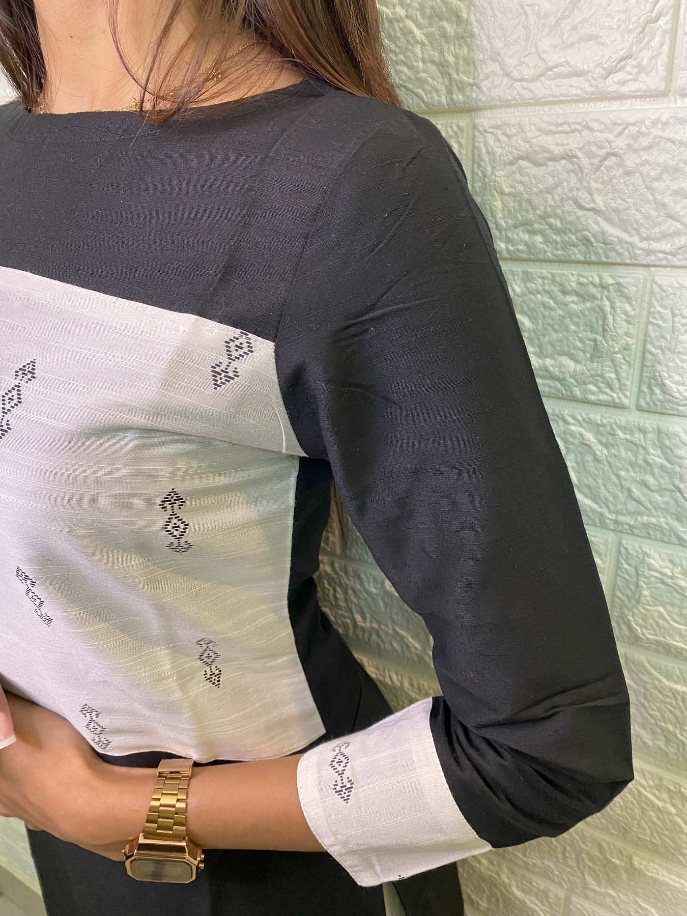 Elegant Dupion with silk cotton patch and 3/4th sleeves