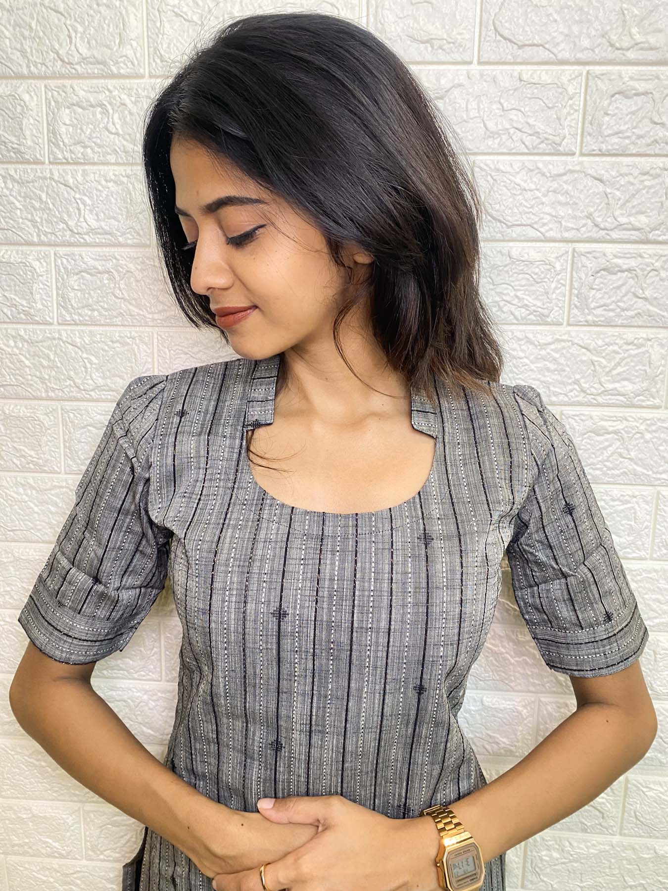 Elegant Cotton with copper stripes aesthetic print kurti with elbow sleeves