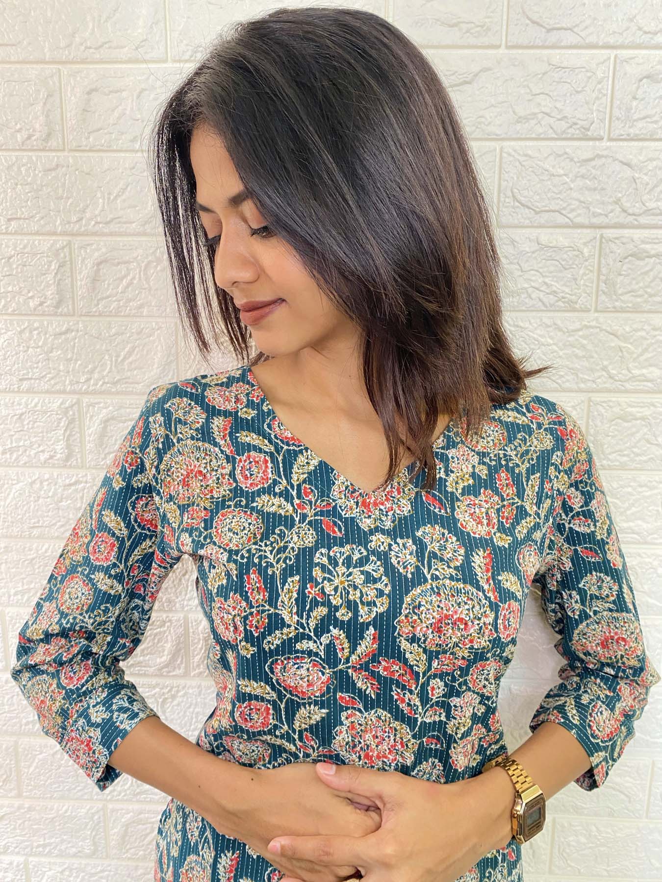 Elegant Kantha cotton kurti with 3/4th sleeves