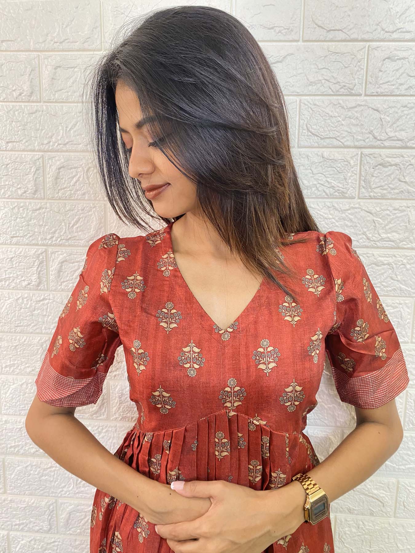 Elegant Chanderi silk alia cut maxi with Kotha border and elbow puff sleeves