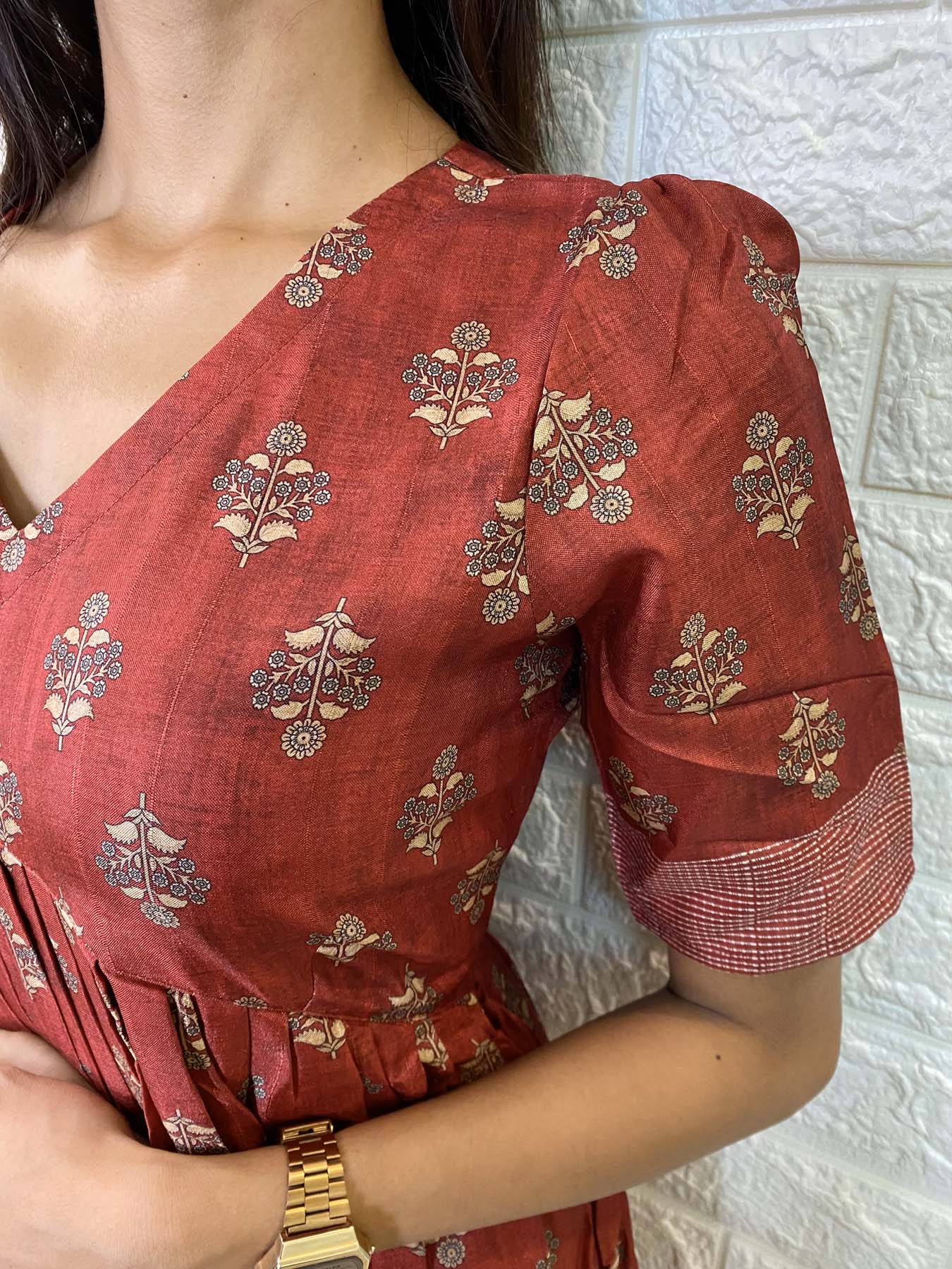 Elegant Chanderi silk alia cut maxi with Kotha border and elbow puff sleeves