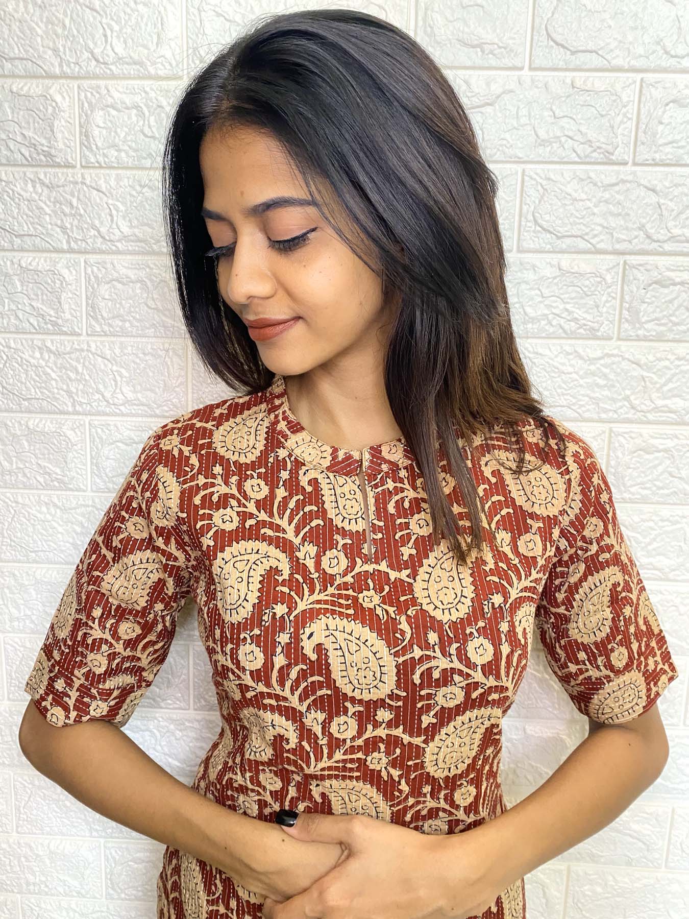 Elegant Kantha Cotton kurti with elbow sleeves