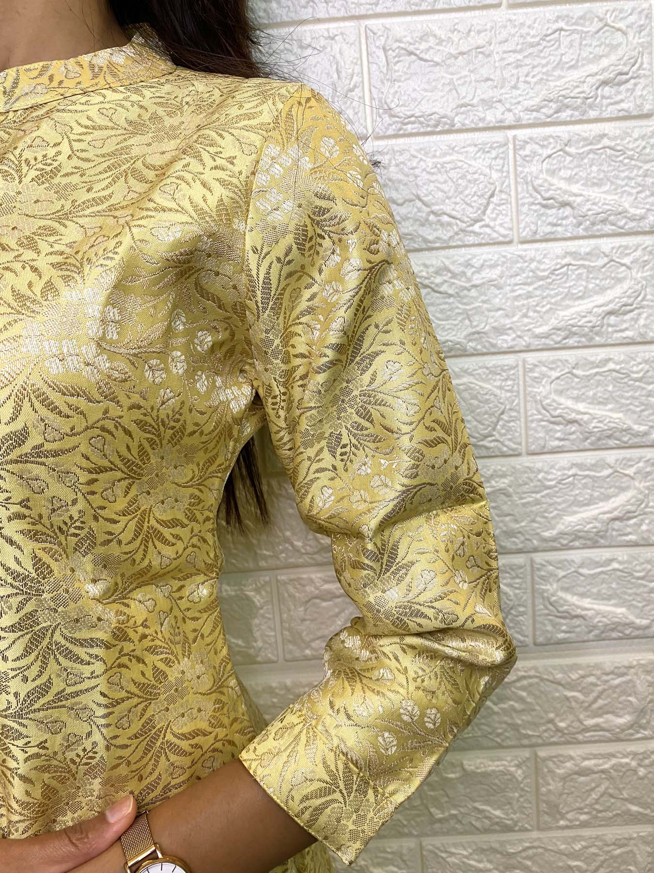 Elegance embraced in Banaras kurti with 3/4th sleeves