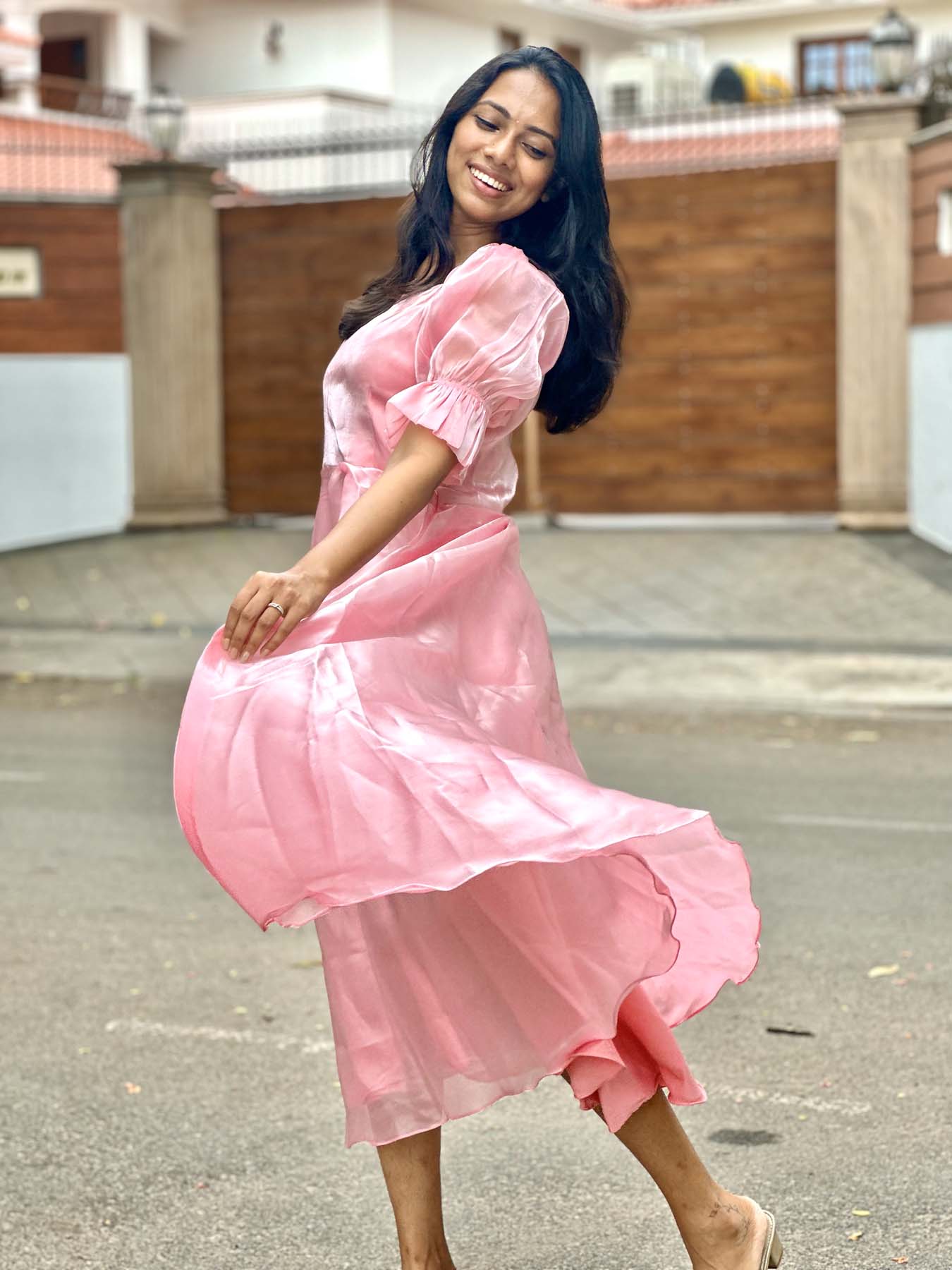 Elegant Shimmer satin maxi with elbow puff sleeves