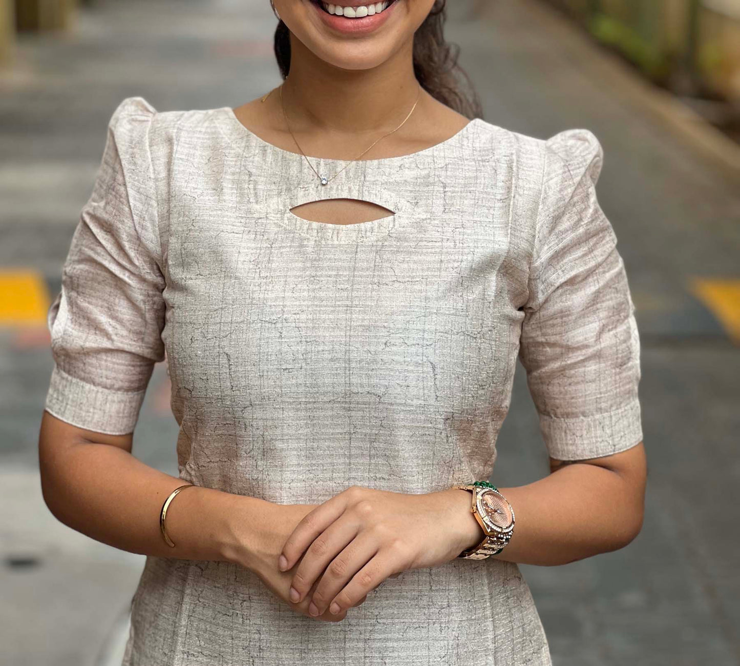 Elegant Tussar Silk kurti with Tussar Duppatta with elbow puff sleeves