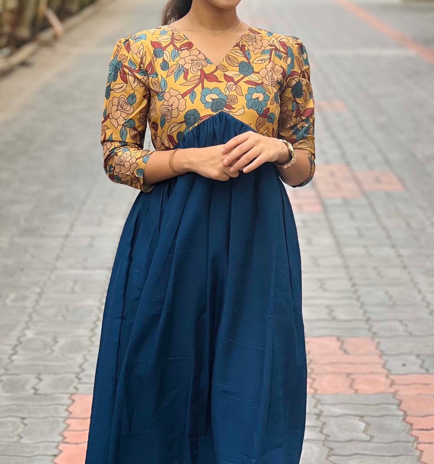 Elegant kalamkari maxi with 3/4 sleeves
