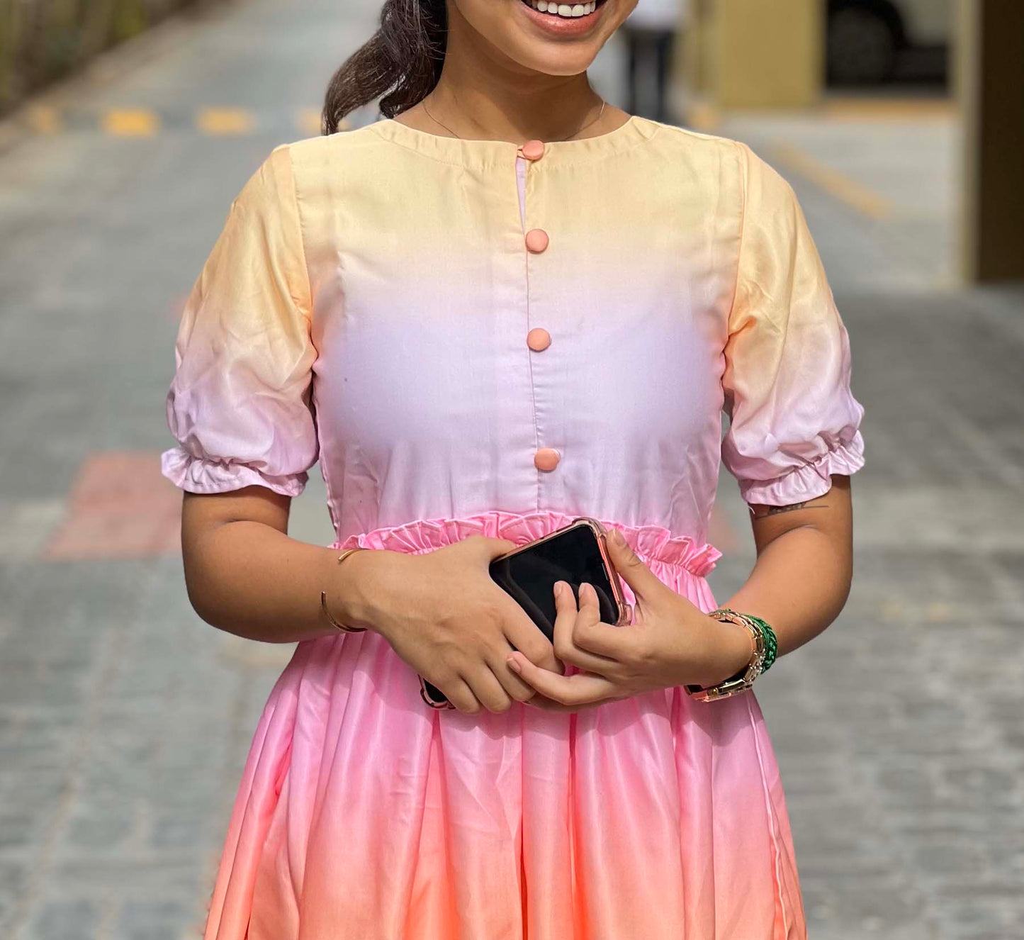 Elegant Multicolour maxi with elbow puff sleeves (Lining attached)