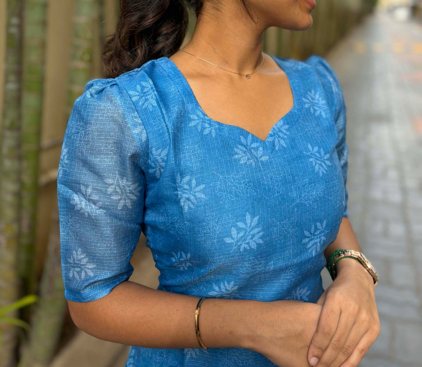 Elegant chanderi shimmer kurti with elbow puff sleeves