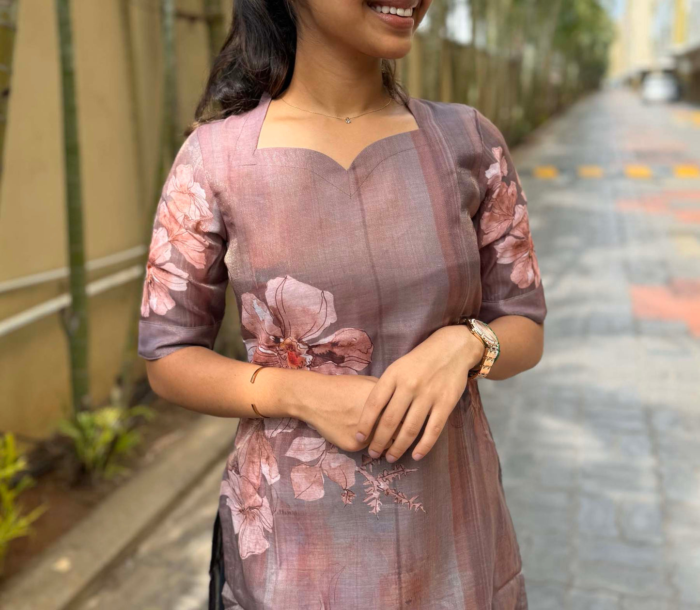 Elegant Chanderi silk digital print with elbow puff sleeves