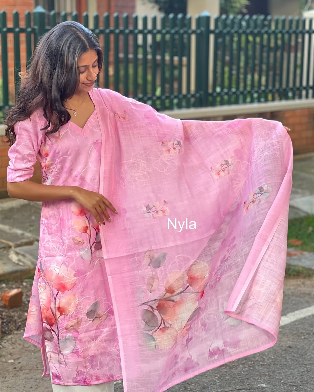 Elegant Linen with digital print and embroidery with thread detailings and elbow sleeves