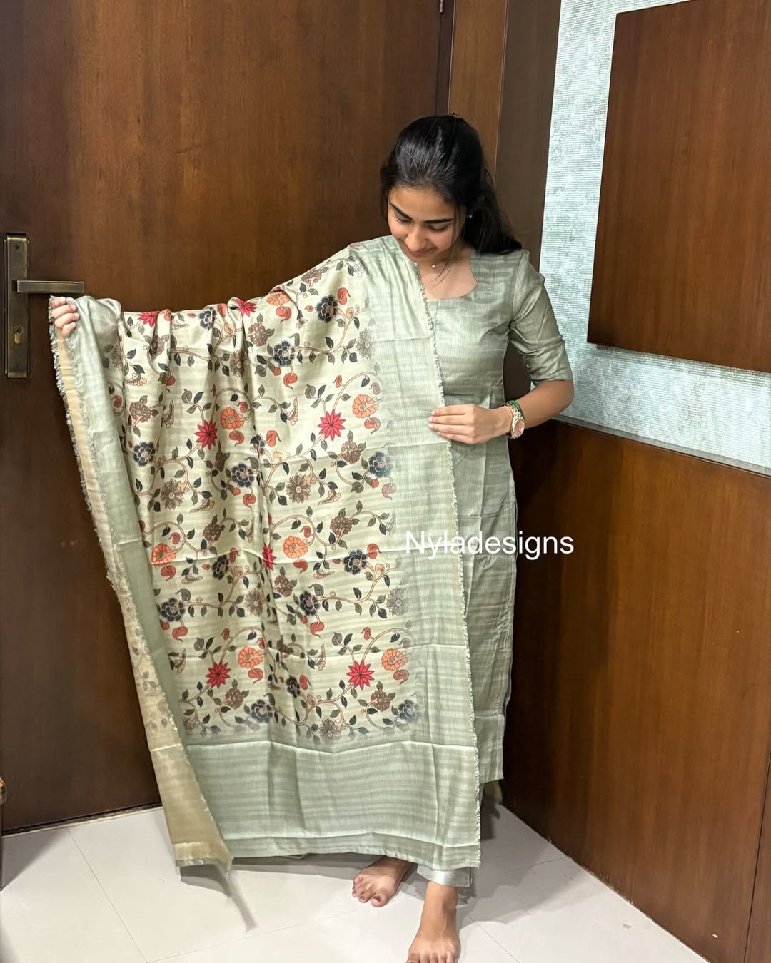 Elegant Premium Semi Tussar Silk kurti with Kalamkari digital print Duppatta and Silk Pant