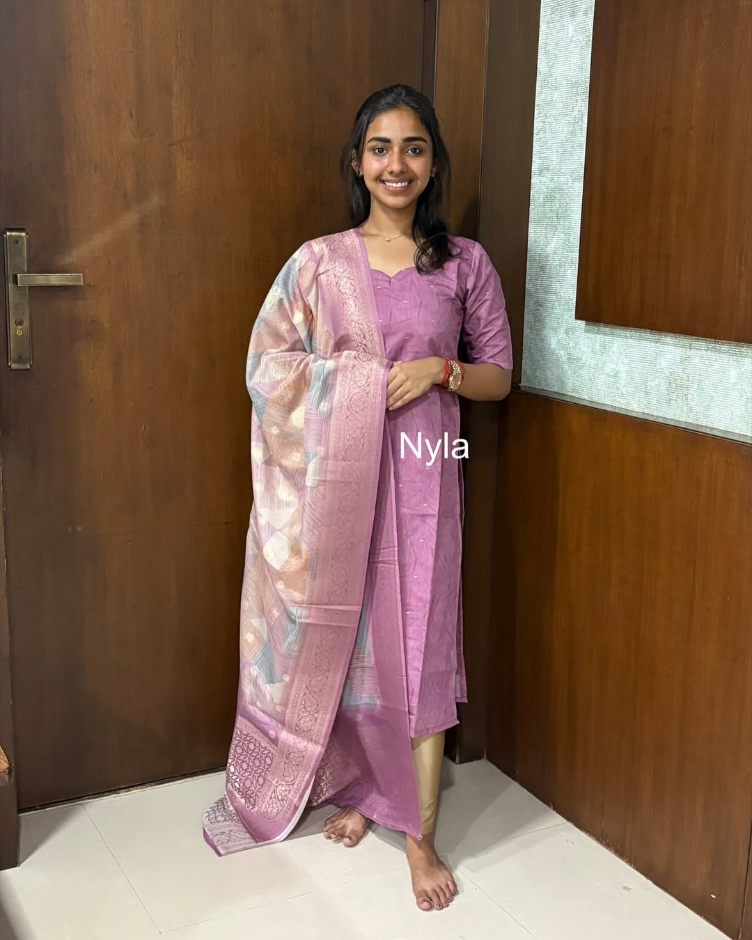 Elegant Chanderi silk with golden butta kurti and elbow sleeves