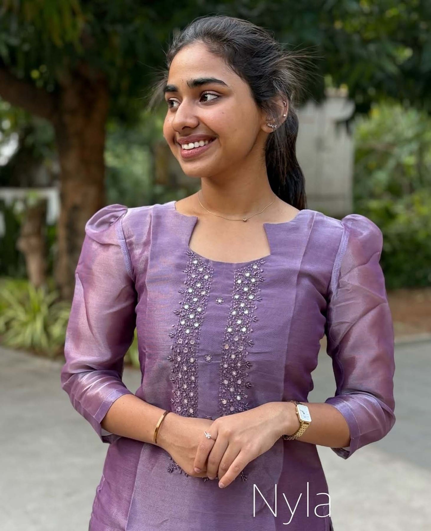 Elegant Tissue kurti with embroidery and 3/4th puff sleeves