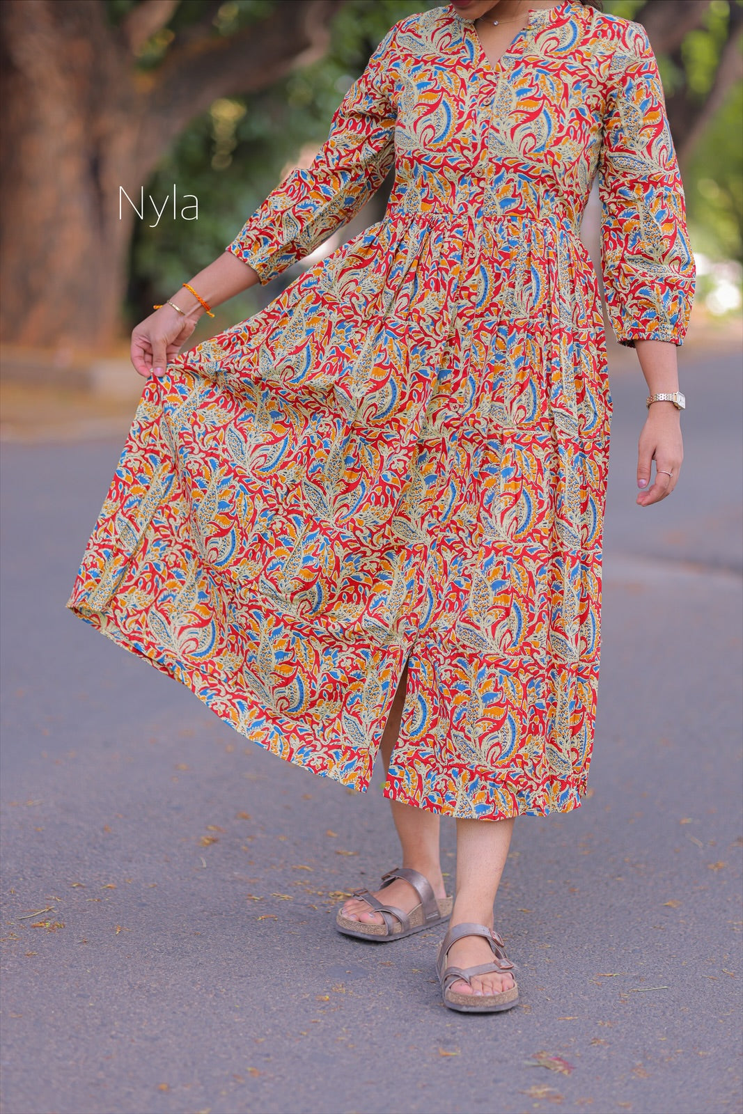 NY 414 Elegant pure kalamkari maxi with 3/4th sleeves