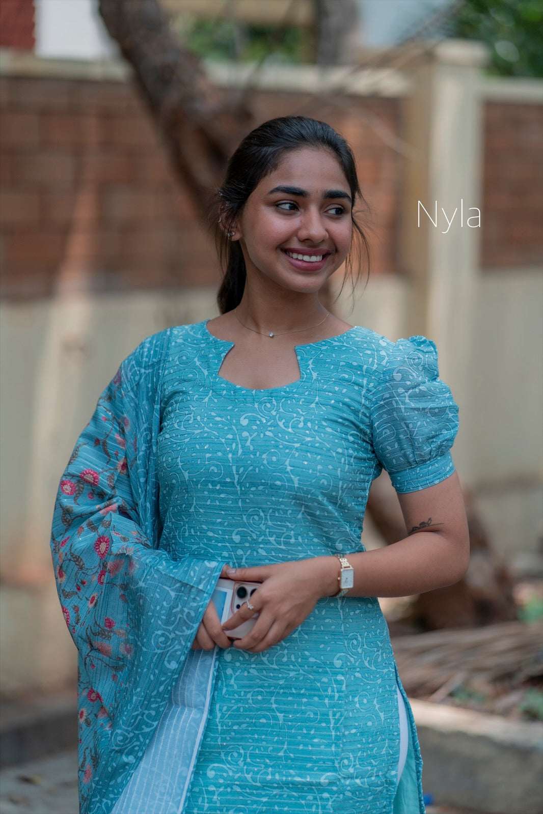 NY 189 Elegant chandheri with sequence Kurti with short puff sleeves