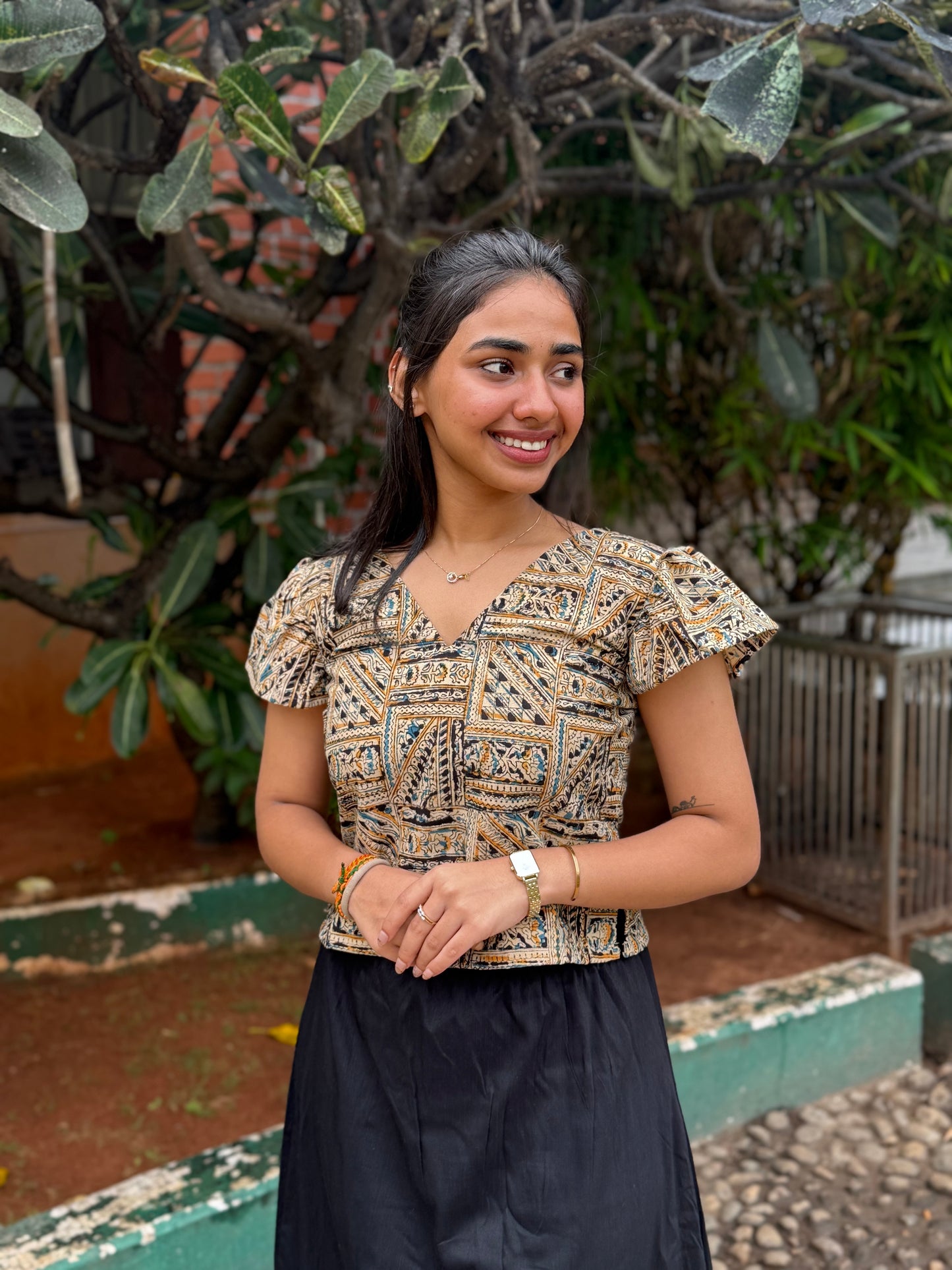 NY 467 Elegant Kalamkari cap sleeves crop top