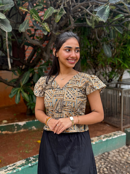 NY 467 Elegant Kalamkari cap sleeves crop top