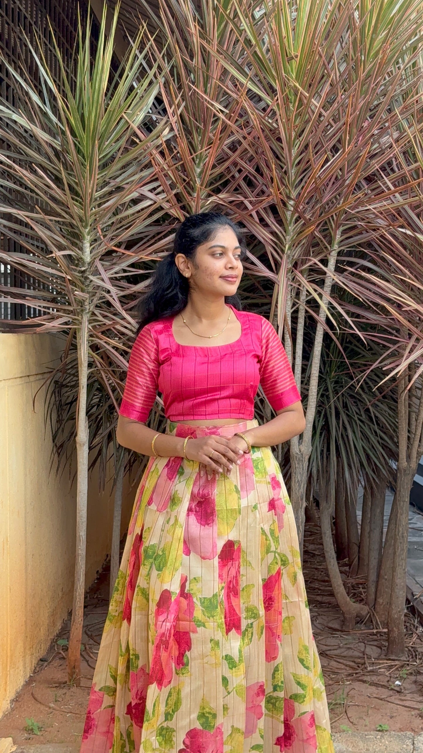 NY 511 Elegant Dola silk skirt material with Silk crop top with elbow puff sleeves