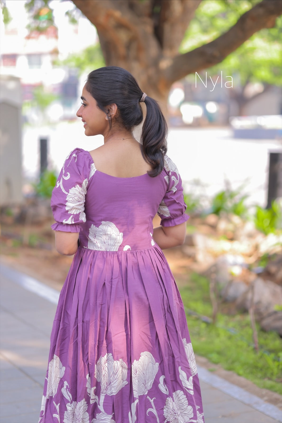 NY 409  Elegant Pure cotton maxi with elastic on shoulder and elastic puff sleeves