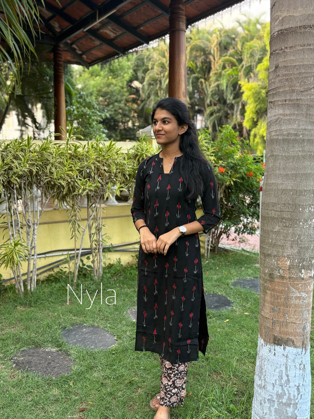 Ny 430 Elegant Cotton ikkat print Kurti with kalamkari pant,duppatta with 3/4th sleeves