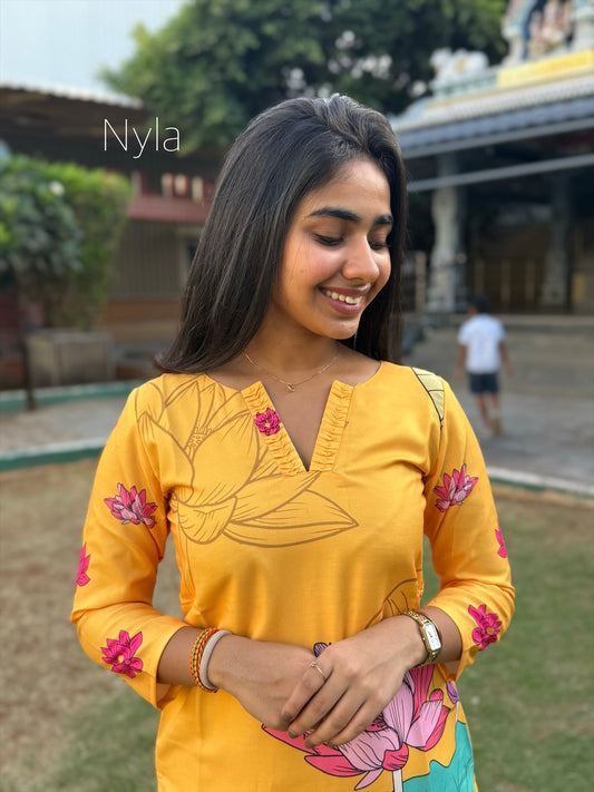 NY 451 Elegant Linen cotton Kurti with 3/4th sleeves and pleat detailings on neck