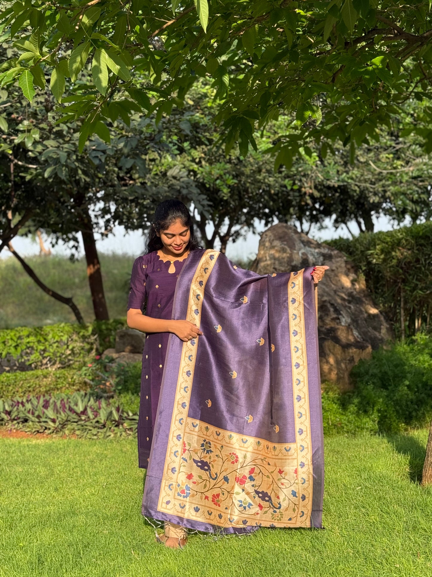 NY 520 Elegant Rawsilk with silk  duppatta with elbow sleeves and scallop detailings