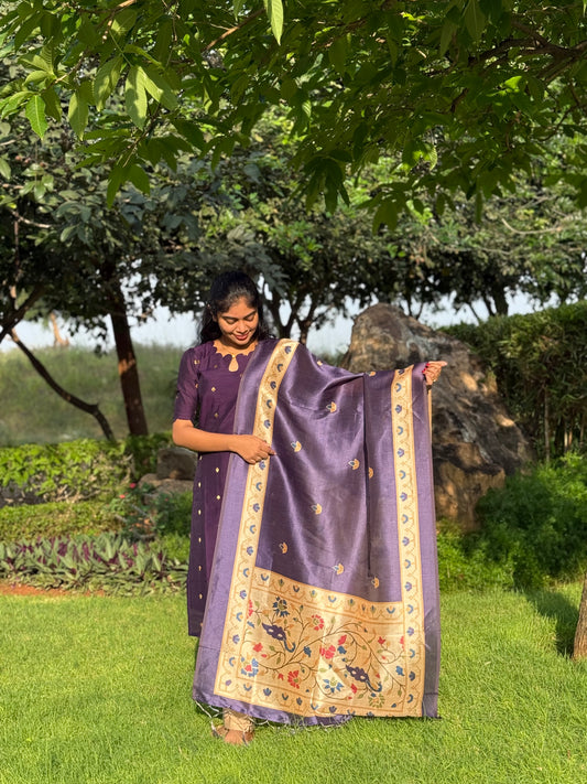 NY 520 Elegant Rawsilk with silk  duppatta with elbow sleeves and scallop detailings