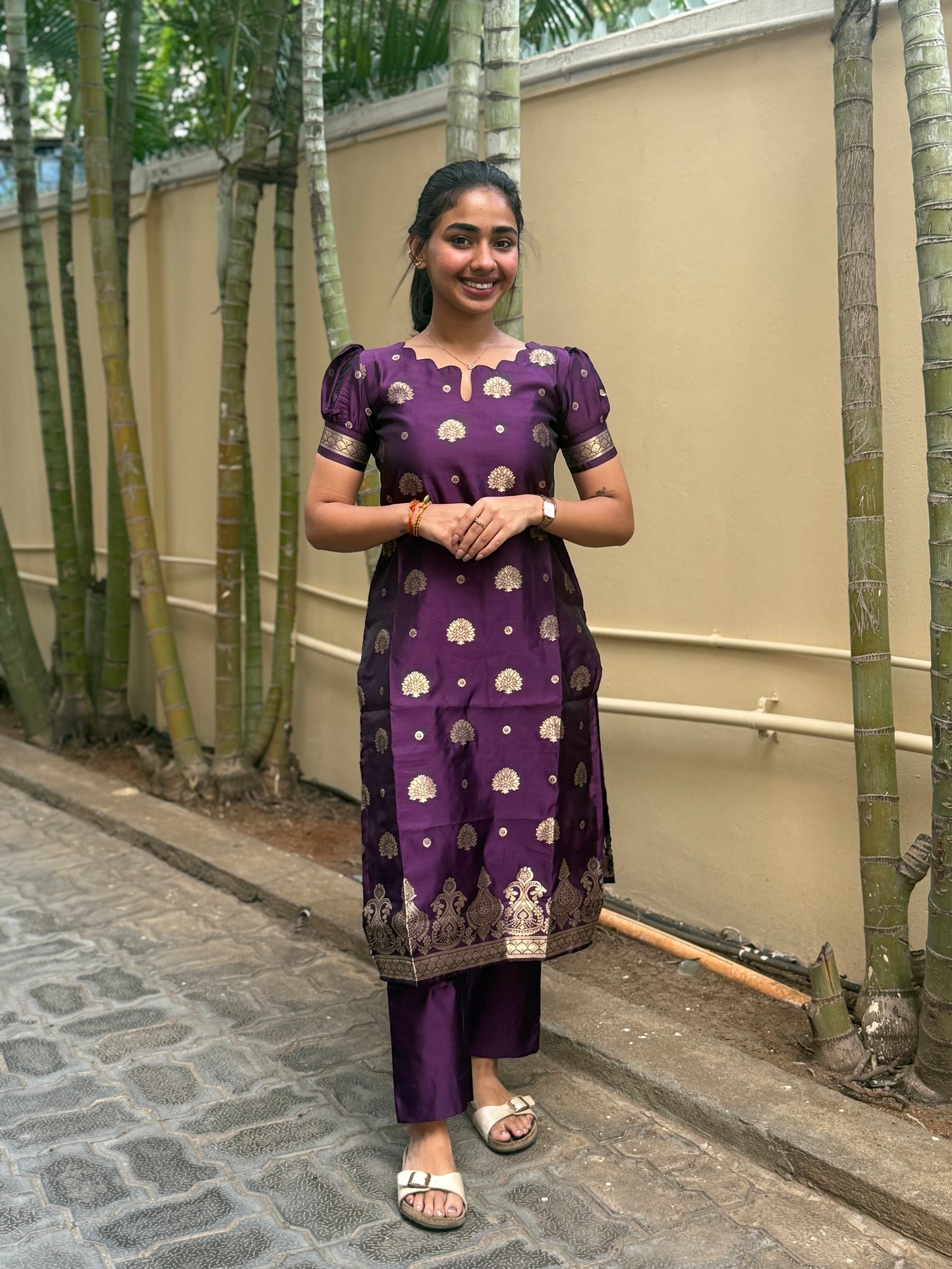 NY 482 Elegant Silk Banarasi Kurti with weaving duppatta and short puff sleeves
