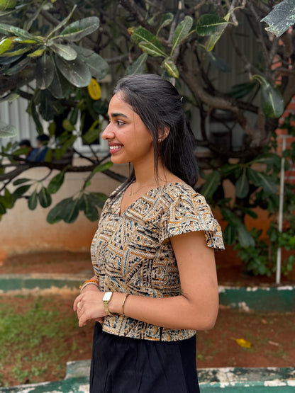 NY 467 Elegant Kalamkari cap sleeves crop top